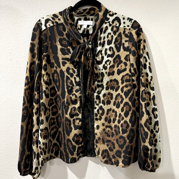 Atelier Blue Tops - 🎉Leopard Print Long Sleeve Top Bow Tie @ Collar & Vertical Lace Detail Size L